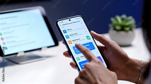 Person interacting with an AI-powered mobile procurement application. Focus on smart supply chain, automated sourcing, and global marketplace for business efficiency, cost reduction, and strategic...