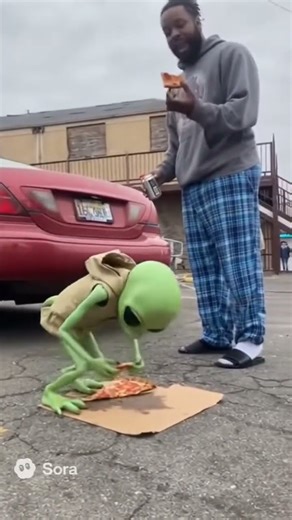 Alien eating pizza with local man