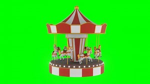 looped 3d carousel with red and white stripes on green screen. animation of carousel with horses