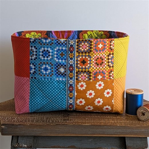 Reversible Quilted Soft Fabric Storage Bin - Merry Granny Squares With Vintage Floral Jacquard Ribbon Trim and Peacock Floral Reverse - Etsy