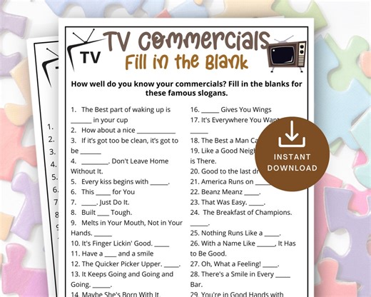 TV Commercial Trivia Game, Ad Slogan Fill in the Blank Quiz, Printable Game for Kids & Adults,family Game Movie Night, Office Party Fun - Etsy