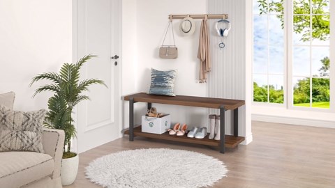 FOLUBAN Entryway Bench with Shoe Storage, Modern End of Bed Bench, Wood and Metal Entry Bench for Hallway Front Door Entrance, Industrial Indoor Bench for Bedroom Living Room, Rustic Walnut, 47 Inch