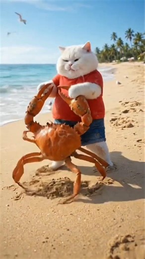 Chonky Cat Teases a Big Crab… Then Runs Away 😂🦀 #Shorts