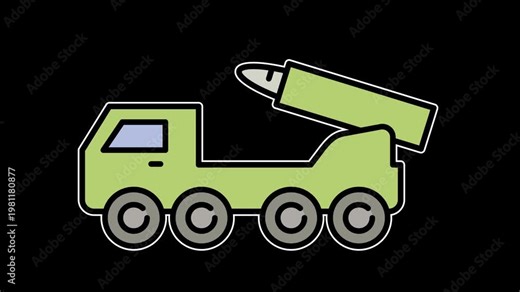Seamless loop animation of a green transporter erector launcher with moving missile mount. 4K military hydraulic defense system on alpha channel transparent background for attack