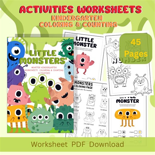 Summer Monster Activity Worksheets for Kindergarten | Coloring Counting Math - Etsy