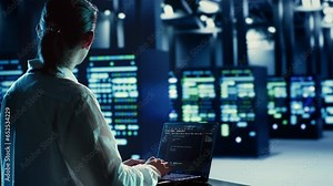 Certified admin running code and programming on laptop, troubleshooting and upgrading server hub equipment designed to accommodate rackmounts, networking systems and storage arrays