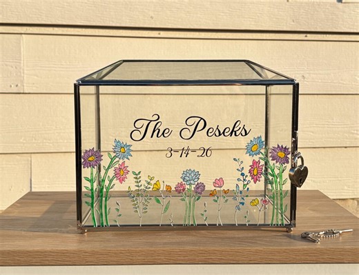 Personalized Wedding Card Box, Hand Painted Floral Stained Glass, Silver Keepsake With Lock and Key, Card Slot - Etsy