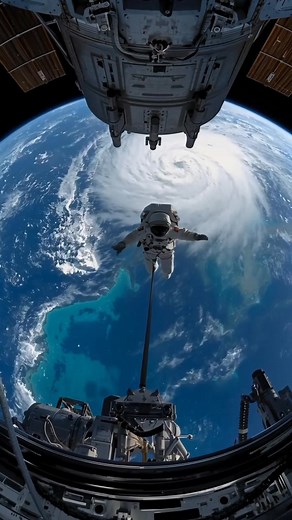 A sight that never gets old.While our astronauts focus on their work outside the Space Station, we can't help but stare at the view. What part of Earth do you think they're flying over? 🌍 Let us know in the comments! 👉 Remember: that tiny spec of a person is secured by multiple tethers, a vital safety protocol in the extreme environment of space.( Ai generated) #Spacewalk #ISS #NASA #Earth #Geography #GuessWhere #Science | Astrovibe