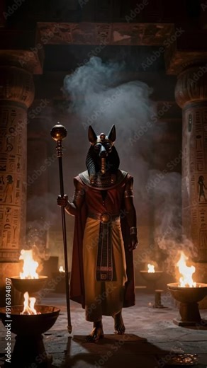 Mystical statue of egyptian god anubis with jackal head and golden staff standing in temple with fire and smoke for ancient history mythology and afterlife mystery concept