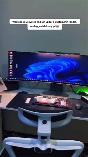 *Samsung Odyssey G9 49 inch curved OLED monitor* *1.6 meter electric adjustable table* *Ergonomic chair* *AOC GK210 wireless keyboard* *Logitech Marathon M705 mouse* *Monitor light* *Havit SK903BT wireless speaker* *Havit H630BT wireless headset* *RGB Mouse pad (map)* *Laptop stand with cooling fan* *Phone stand* *RGB ambient room lighting* *LED table clock* *Lonio portable extension* *All delivered and installed successfully at Ibadan* *Whole package costs about 4m naira* #foryoupage #fyppppppp