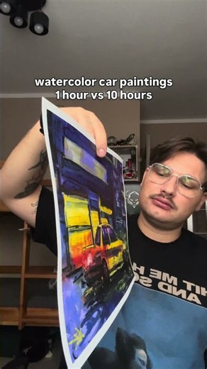 1 hour vs 10 hours watercolor car painting.. which one you like better? 👀 #art #shorts #artshorts