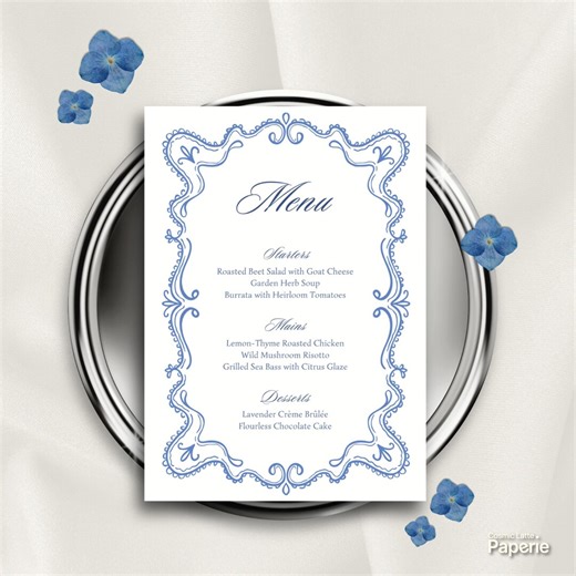 Romantic Wedding Menu Template, Blue Menu Card, Elegant Reception Table Decor, Editable Canva (WT05) - Etsy