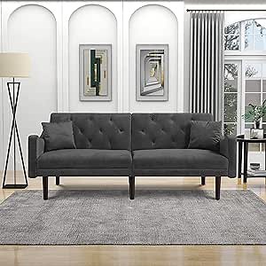 72.8” Futon Sofa Bed, Velvet Upholstery Tufted back Loveseat with 2 Pillows and Solid Rubber Wood legs, Modern Sleeper for Living Room, Curved Arms, gray