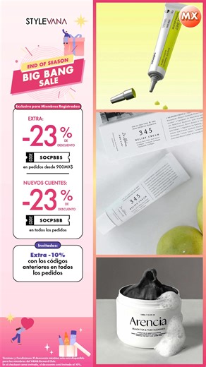 🏃🏻‍♀️ ¡Actúa rápido para aprovechar ofertas increíbles! 🤩 Todos los clientes: Código [SOCPBBS] para un 23 % de DESCUENTO EXTRA en pedidos de 900MX$ o más. *No miembros: DESCUENTO EXTRA del 10 % en pedidos de 900MX$ o más 🌟 Bonificación para nuevos clientes: DESCUENTO EXTRA del 23 % en todos los pedidos con el código [SOCPSBB] ✈️ Disfruta de ENVÍO GRATIS en pedidos de 900MX$ o más 🛒 Compra en: https://vana.ly/hQMKqB T&C: Descuento máximo disponible solo para miembros del VANA Reward Club. De