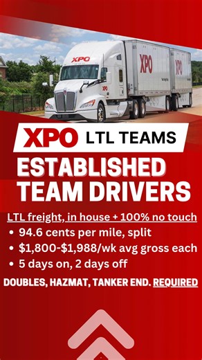 XPO is hiring Existing CDL-A Team Drivers! - 5 days on, 2 days off (typical schedule) - 94.6 CPM Split, $1,800-$1,988/wk ea - 100% no touch, LTL freight Fully endorsed existing teams wanted! Make top dollar with XPO | Tenstreet, LLC