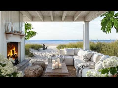 Cozy Coastal Living Room Ambience 🌊 Fireplace & Ocean Waves for Sleep, Relax, Study | No Ads