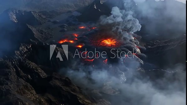 Volcanic eruption simulation with flowing lava and smoke, earth destruction motion photo