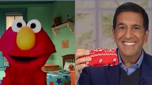Dr. Gupta shows Elmo how to make a mask