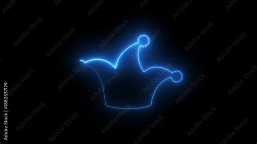 Abstract glowing neon Glowing Neon Jester joker Hat Icon Animation on Black Background. Neon Clown Hat with Bells . Casino gambling .4k motion video animation