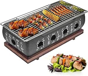 Japanese Style BBQ Grill,14 x 6.9 x 4 inches Portable Barbecue Stove Aluminium Alloy Charcoal Stove with Wire Mesh Grill and Base Japanese Tabletop Household Barbecue Tools