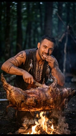 CampfireChef Eats a Whole Wild Pig in the Wild! Tribal Survival Cooking 🍖#wildcooking #shorts