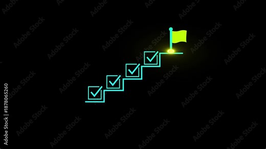 Progress checklist steps animation with upward direction. Task completion checklist flow showing goal flag. Success progress path and achievement indicator motion. Goal with task complete