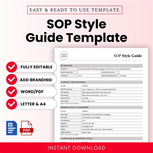 SOP Style Guide Template – Word & PDF, A4 + US Letter - Etsy