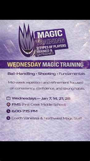 🔥 WEDNESDAY WORK 🔥 It’s time to get back in the gym with that mid-week grind 💪🏾🏀 Consistency is built between game days — and Wednesdays are where habits are sharpened. Shooting reps, game shots, fundamentals, confidence, and work that shows up later. 🏀 Led by Coach V & Northwest Magic Staff 📍 First Creek Middle School ⏰ 6:00–7:15 PM 💰 $20 Magic Members 💰 $40 Non-Magic Members ⚠️ Registration REQUIRED to secure your spot 👉 Please choose OFFLINE PAYMENT when registering 💸 Preferred pay