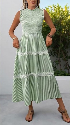 Allegra K® | Ruffled Sleeveless Striped Smocked Lace Tiered Dress