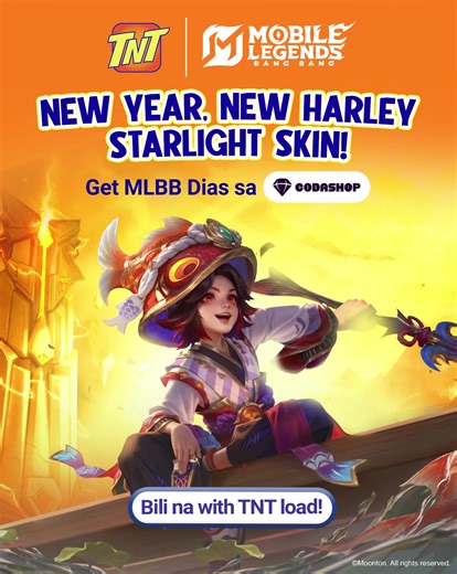 New Year glow-up, MLBB edition ✨ Get the New Harley Starlight skin gamit ang TNT Load 🎮⚡ Load na at bumili ng dias sa Codashop: https://coda.shop/4lIdw9D | TNT PH