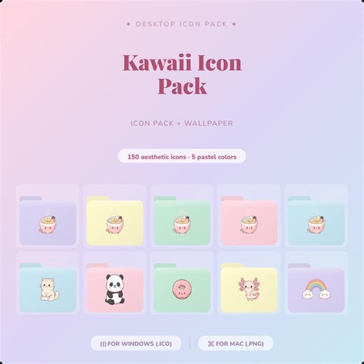 Kawaii Desktop Icon Pack | 150 Cute Folder Icons Mac & Windows | Pastel Aesthetic | PNG ICO | Wallpaper + Guide Included - Etsy