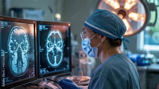 Dedicated surgeon analyzes brain scans with focused precision in a modern medical facility, offering hope and advanced care for patients needing solutions