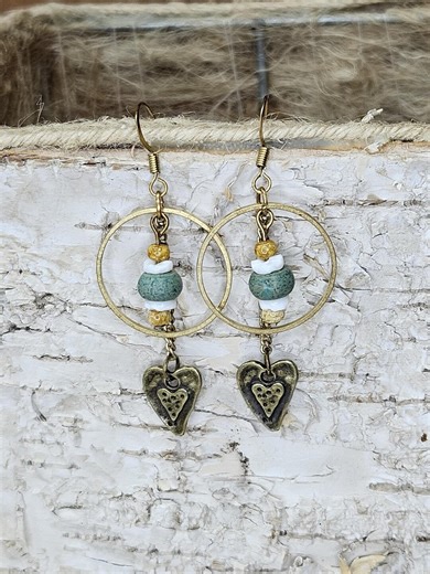 Boho Heart Dangle Earrings - Antique Gold Beaded Hoops - Etsy