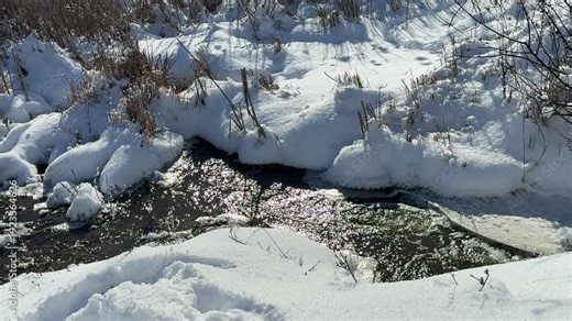 Early spring landscape with thawed river and melting snow. Nature transitioning from winter to spring.