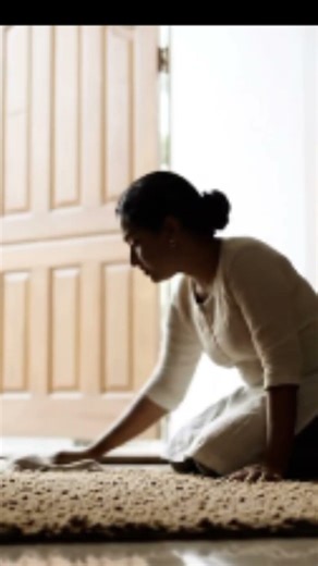 ミニチュアの彼女、玄関マットを静かに拭く