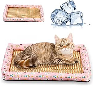 Ice Rattan Cooling Bed for Cats Dogs, Pet Ice Pad Mat Pet Cooling Mat, Summer Cooling Pet Mat Ice Pad Sleeping Mats, Cool Pad Cushion Dog Cat Puppy Blanket Pet Self Cooling Pad (50*40CM, A_Pink)