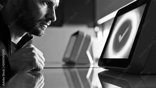 Man Interacting With Digital Interface Shows Completion With The Check Mark Icon