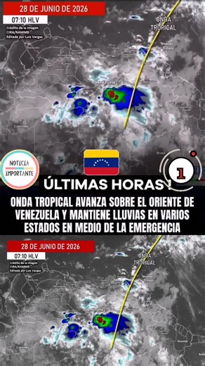 #ultimahora —— 🚨🌧️🇻🇪 ONDA TROPICAL AVANZA SOBRE EL ORIENTE DE VENEZUELA Y MANTIENE LLUVIAS EN VARIOS ESTADOS EN MEDIO DE LA EMERGENCIA Una onda tropical se desplaza sobre el oriente del país y desde las primeras horas de este lunes mantiene lluvias, algunas acompañadas de descargas eléctricas, en diversas regiones de Venezuela. ⛈️ Las precipitaciones se registran en sectores de Sucre, Anzoátegui, Bolívar, Amazonas, Guárico, Apure, Barinas, Portuguesa y Lara, mientras también se reportan lluv
