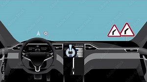 Inside view of self-driving car rides оn the road, scans road signs and displays them on the head-up display. Turns and resets speed without driver. 4k animation