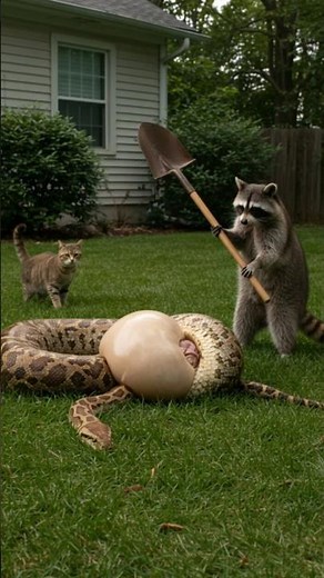 Raccoon with a Shovel Saves Kitten from Python