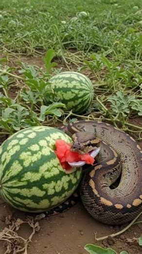 Python Swallows Giant Watermelon in a Field #Python #SnakeVsWatermelon #WildlifeShorts