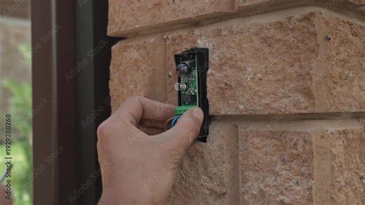Close-up of a technician's hands using a screwdriver to tighten contacts on an infrared safety sensor during gate automation setup