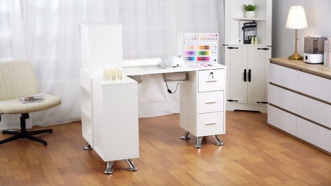 Manicure Table Nail Station w/Dust Collector - L-Shaped Nail Tech Table with Shelves, Storage Cabinets, Drawers, Metal Handles & Legs, Salon Wrist Rest, Beauty Salon Workstation Decor (Black)