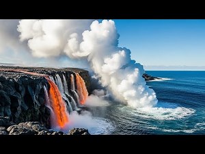 🔥🌋 Red-Hot Lava Collides With the Cold Blue Sea—Epic Steam Eruption