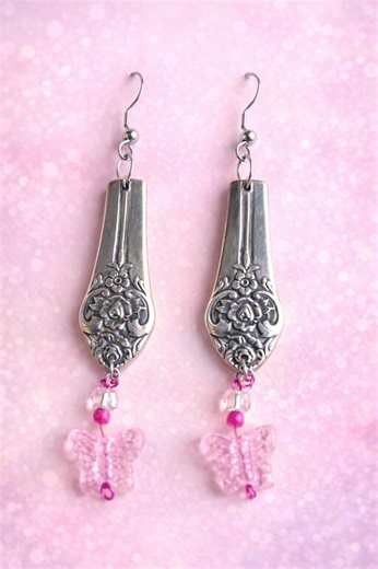 Vintage Spoon Butterfly Earrings – Pink Beaded Dangle With Upcycled Silverware - Etsy