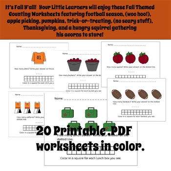 Counting Worksheets Number 1-20 Preschool Kindergarten Printable .PDF Fall Theme