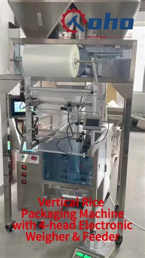 Vertical Rice Packaging Machine with 4-head Electronic Weigher & Feeder-This automatic vertical rice packaging machine is equipped with a 4-head electronic weigher and automatic feeder, specially designed for weighing and packaging rice, grains, and other granular products. It can achieve automatic feeding, weighing, filling, sealing, and cutting, greatly improving packaging efficiency and reducing labor costs.#packagingmachine #ricepackagingmachine #weighingpackingmachine