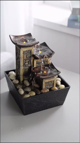 Tabletop Fountain Indoor Waterfall – 3-Tier Black Zen Decor with Pebble Base, White LED Light, Water Pump & On/Off Switch – Desktop Feng Shui Relaxation Gift for Home or Office (21110B)