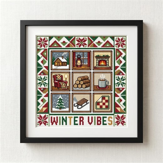 Winter Quilt Block Cross Stitch Pattern, Red Cardinal Reindeer Snowflake Hot Cocoa, Christmas Quilt Sampler Geometric Chart PDF - Etsy