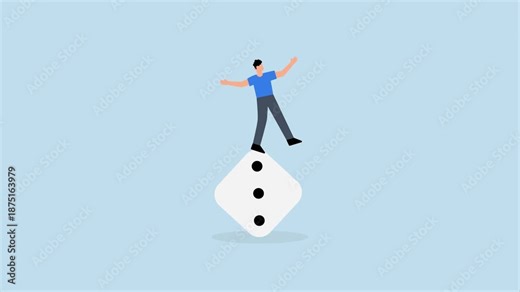 Investment risk, 4k animation of rapacious investor dared to attempt to support himself while spinning unsteady dice